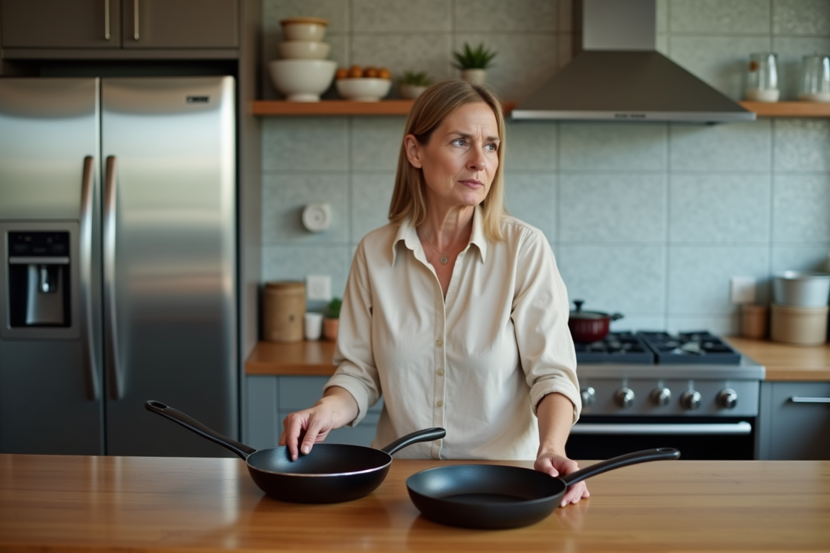 Femme d'âge moyen dans une cuisine moderne examinant deux poêles