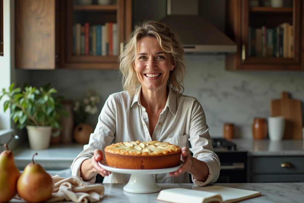 Femme souriante sortant un gâteau au yaourt et poire du four