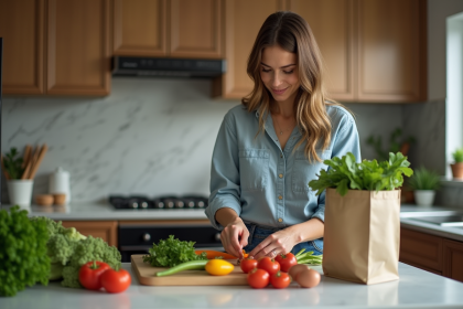 Jeune femme triant des légumes frais dans la cuisine