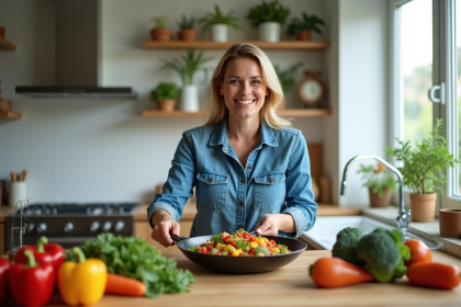 Femme souriante en cuisine préparant un stirfry de légumes
