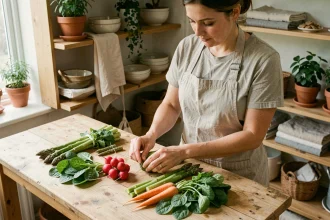 Femme arrangeant des légumes de saison d'avril comme des radis, asperges et épinards sur une table en bois dans une cuisine rustique
