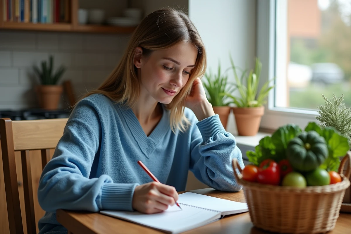 Jeune femme assise à la cuisine avec panier de légumes