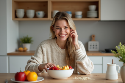 Jeune femme souriante prépare un bol de fruits dans une cuisine scandinave