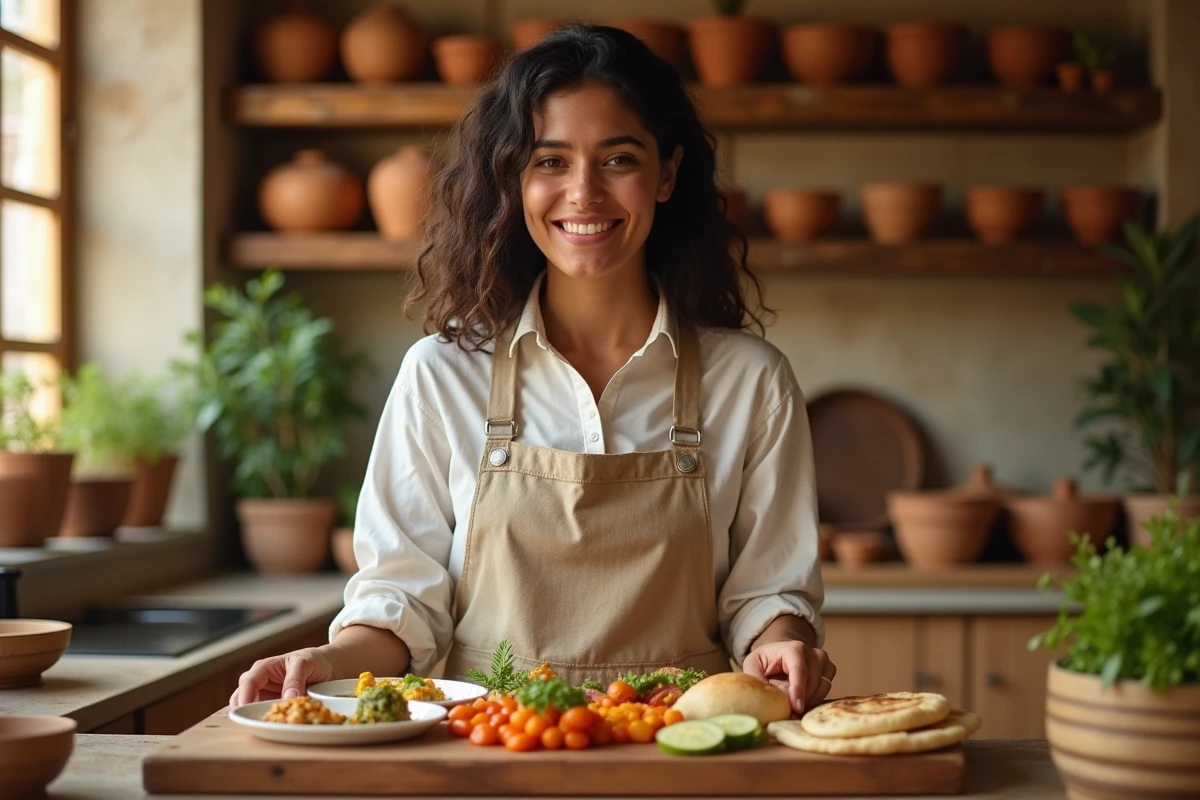 Femme préparant un mezze égyptien végétarien dans une cuisine méditerranéenne traditionnelle