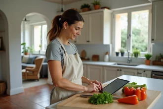 Femme préparant un repas quotidien dans une cuisine moderne en suivant une recette sur tablette avec MYN Idee