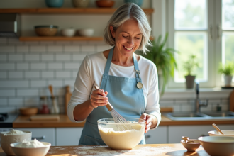 Femme en tablier bleu fouettant la pâte à gâteau dans une cuisine lumineuse