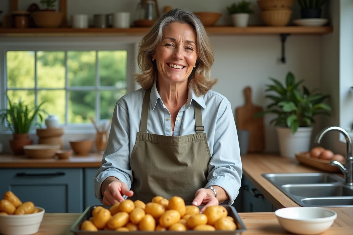 Femme souriante vérifiant des pommes de terre rôties dans la cuisine