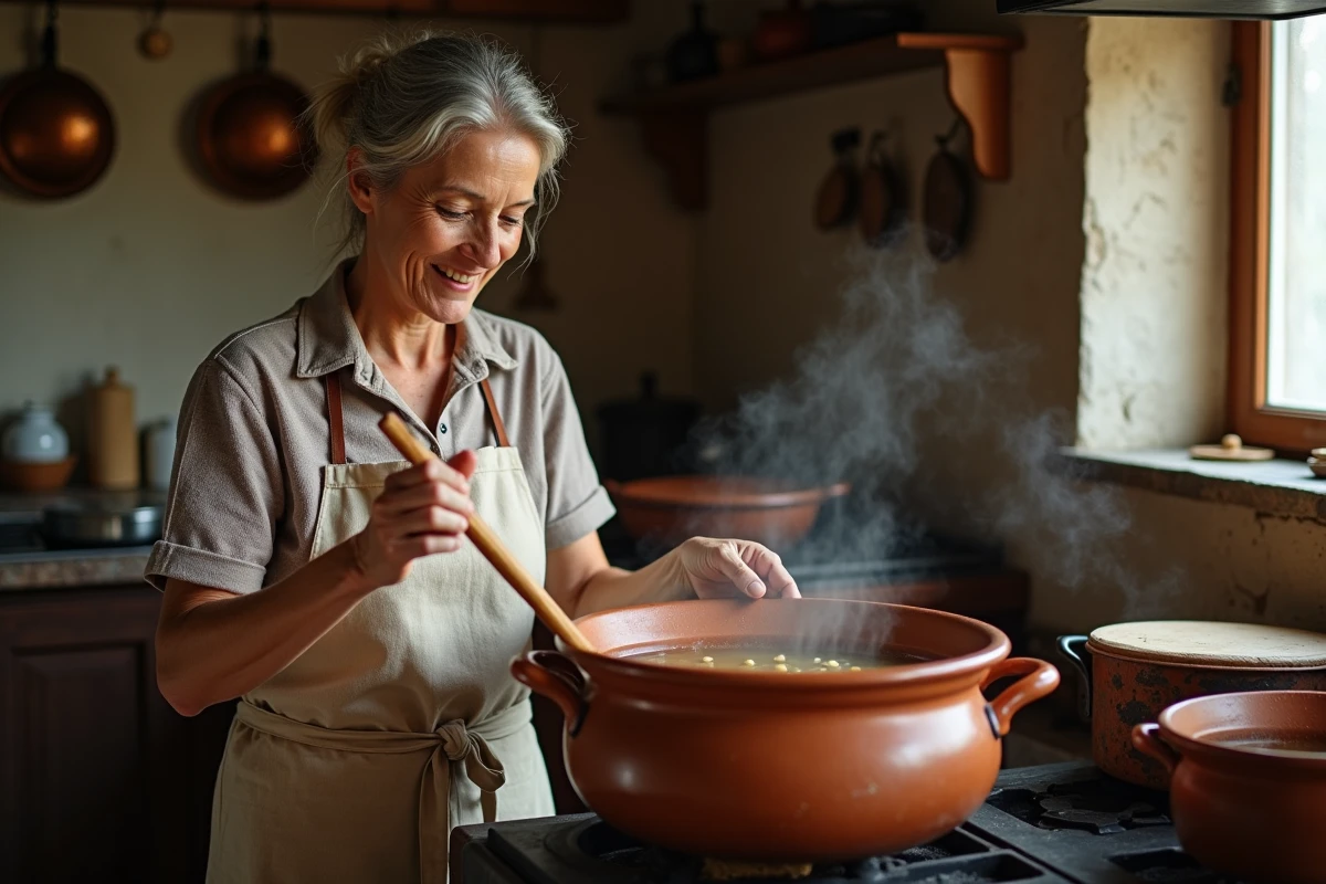 Femme en tablier de lin remuant une potée fumante dans une cuisine rurale traditionnelle avec poêle à bois