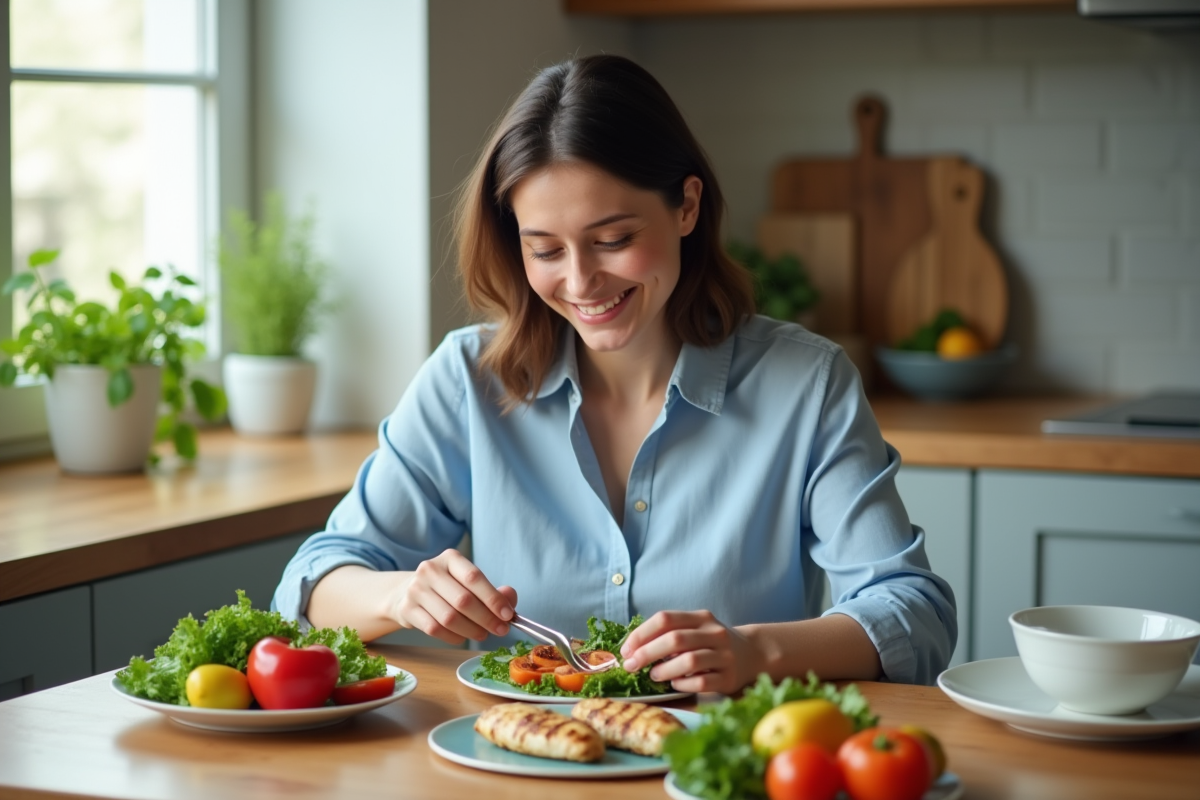 Femme souriante préparant un repas sain dans la cuisine