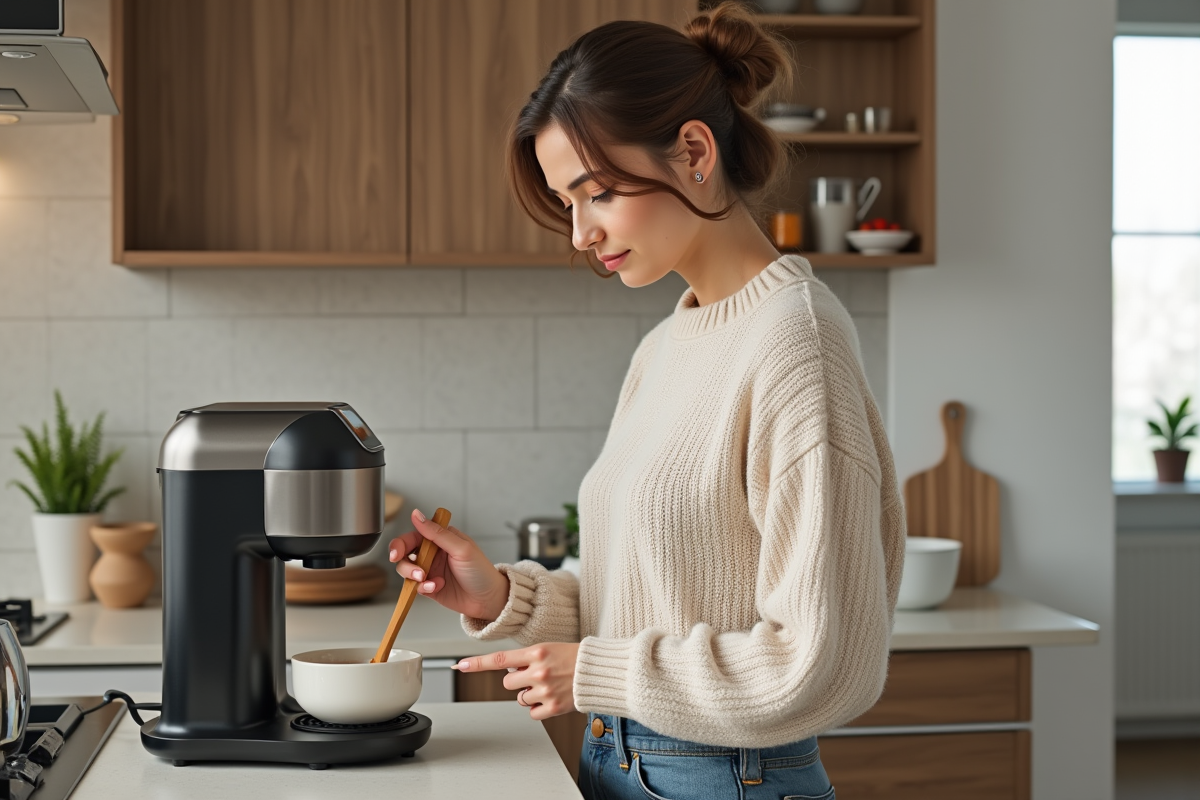 Femme utilisant un robot soupe dans une cuisine moderne