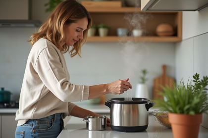 Femme versant de l'eau dans un cuiseur vapeur moderne