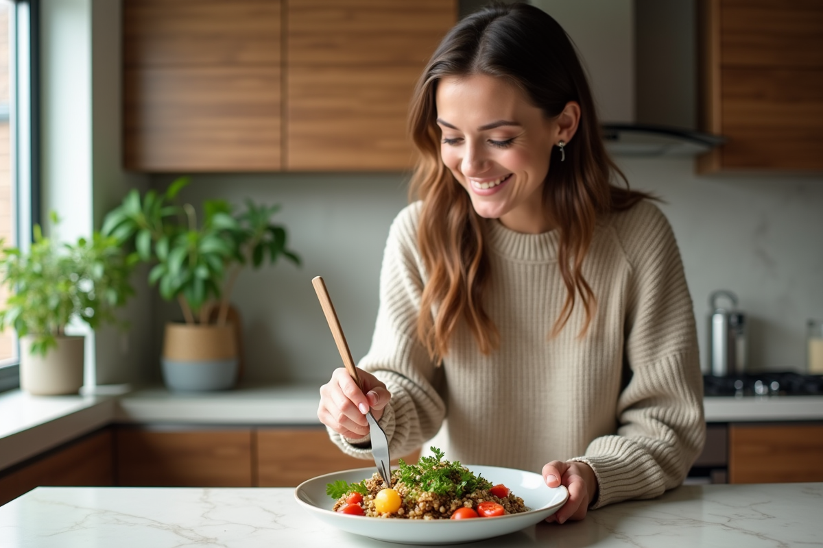 Femme souriante préparant un dîner vegan coloré à la maison