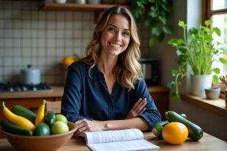 Jeune femme souriante avec zucchinis dans la cuisine