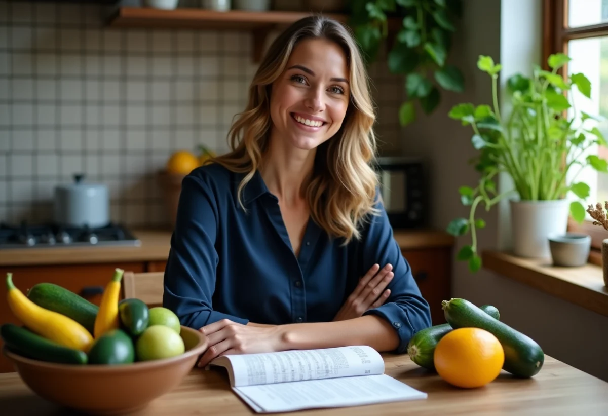 Jeune femme souriante avec zucchinis dans la cuisine