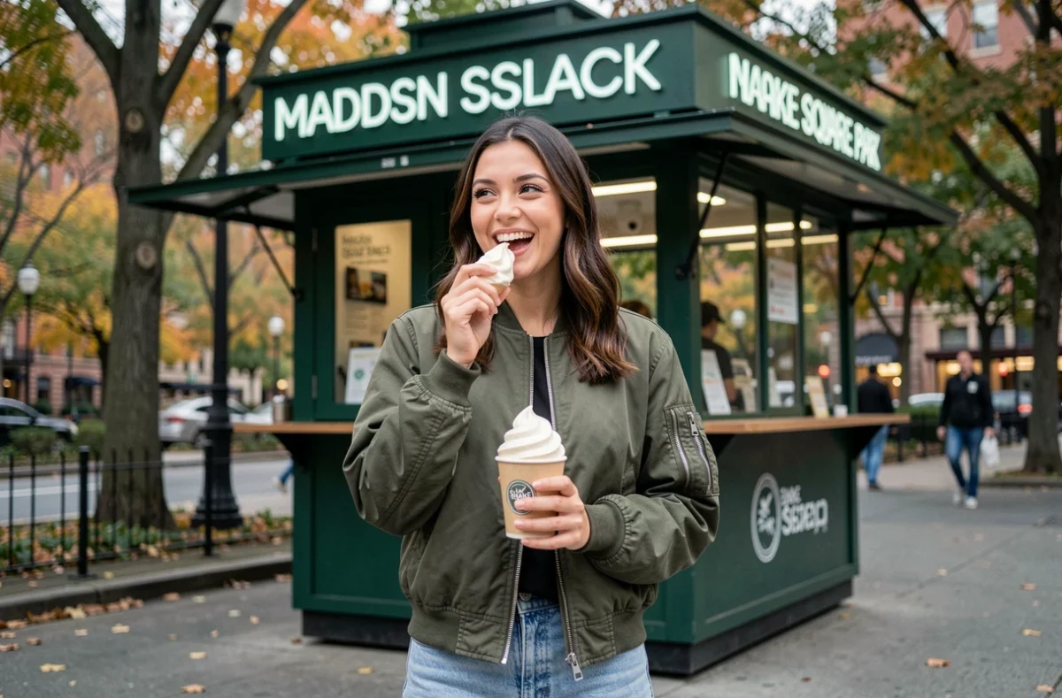 Jeune femme dégustant un frozen custard Shake Shack devant le kiosque emblématique de Madison Square Park à New York
