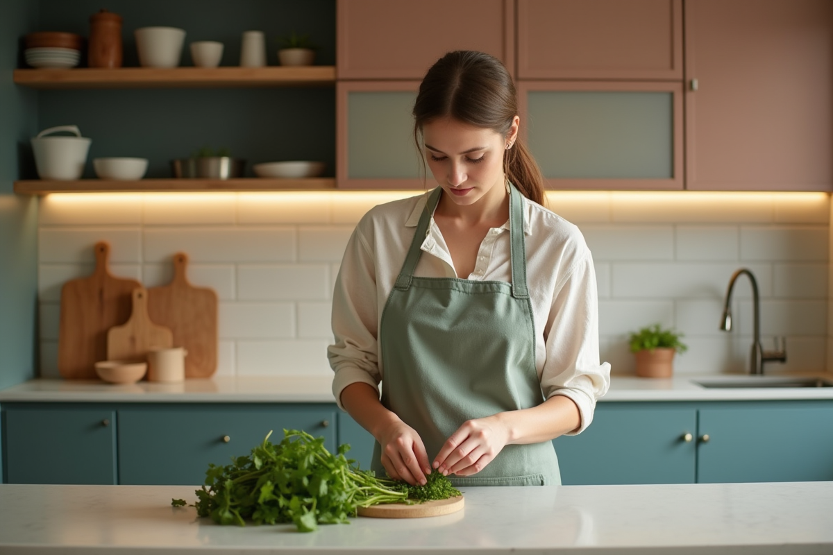 Femme arrangeant des herbes fraîches dans une cuisine moderne