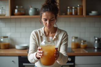 Femme examinant un bocal de kombucha trouble dans une cuisine moderne