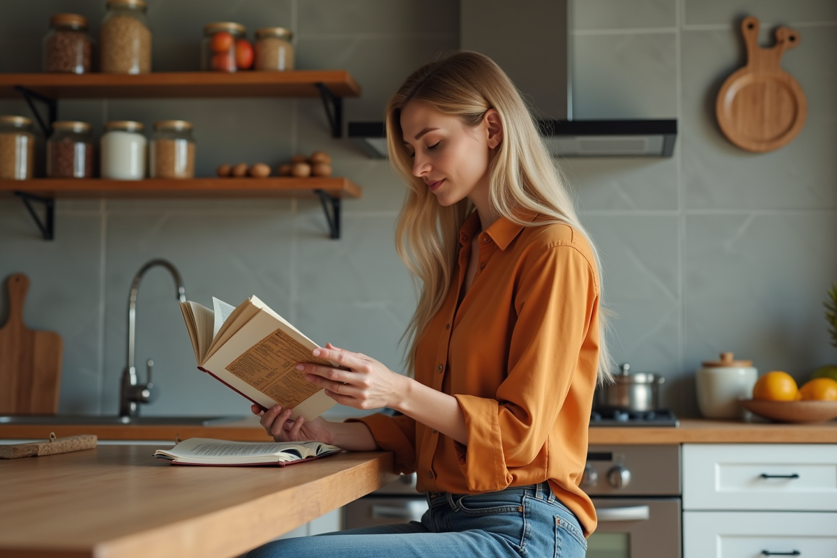 Femme lisant un livre de nutrition dans une cuisine chaleureuse