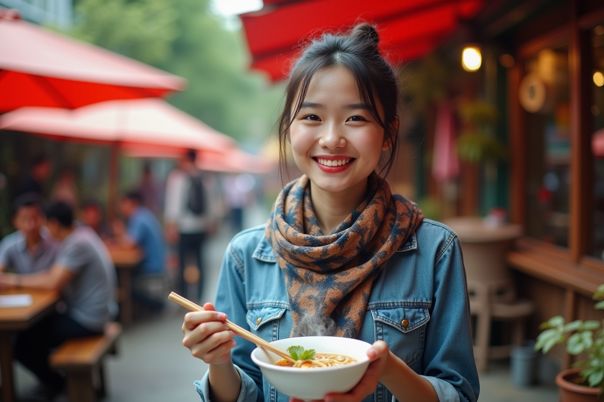 Jeune femme souriante dégustant un pho vietnamien en marché