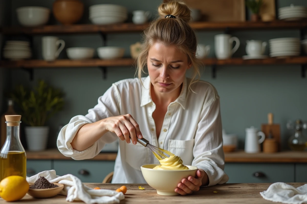 Femme préparant mayonnaise maison dans une cuisine rustique