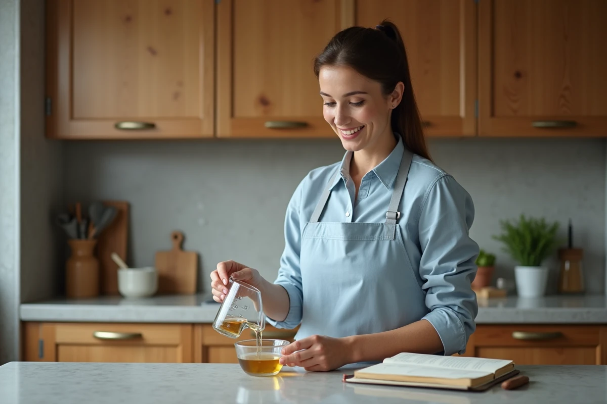 Femme en tablier bleu mesure liquide dans la cuisine