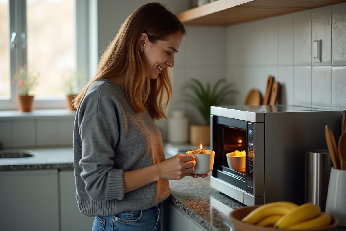 Jeune femme sortant un banana bread chaud du micro ondes