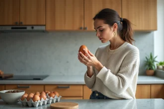 Femme inspectant un œuf dans une cuisine moderne
