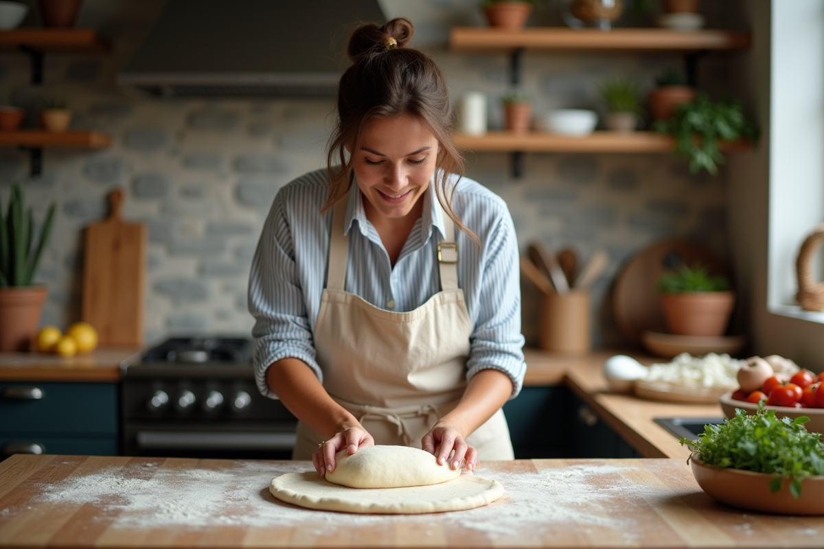 Femme en cuisine étirant la pâte à pizza à la main