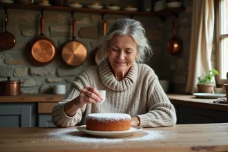 Femme française saupoudrant un marron gâteau artisanal