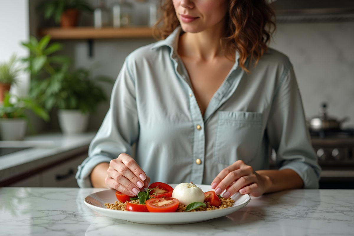 Femme en cuisine préparant une assiette de mozzarella et tomates