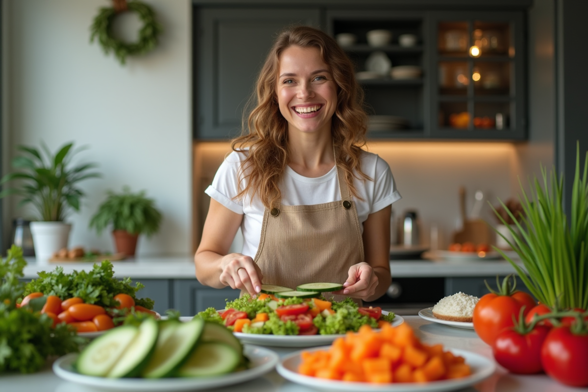 Femme préparant une salade colorée dans une cuisine lumineuse