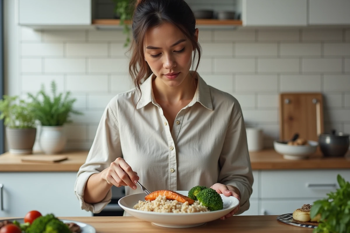 Femme préparant un dîner sain avec saumon grillé, brocoli et riz complet dans une cuisine moderne