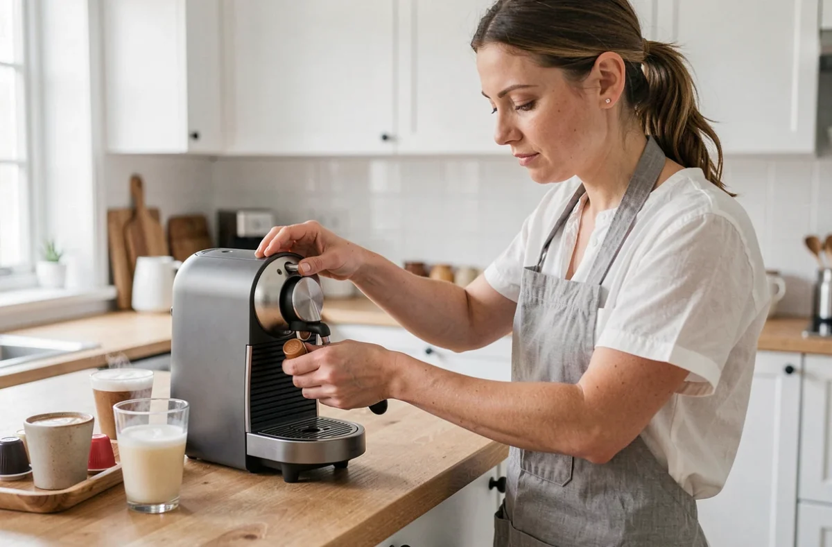 Femme préparant un latte à la maison avec une capsule compatible Nespresso dans une cuisine scandinave moderne