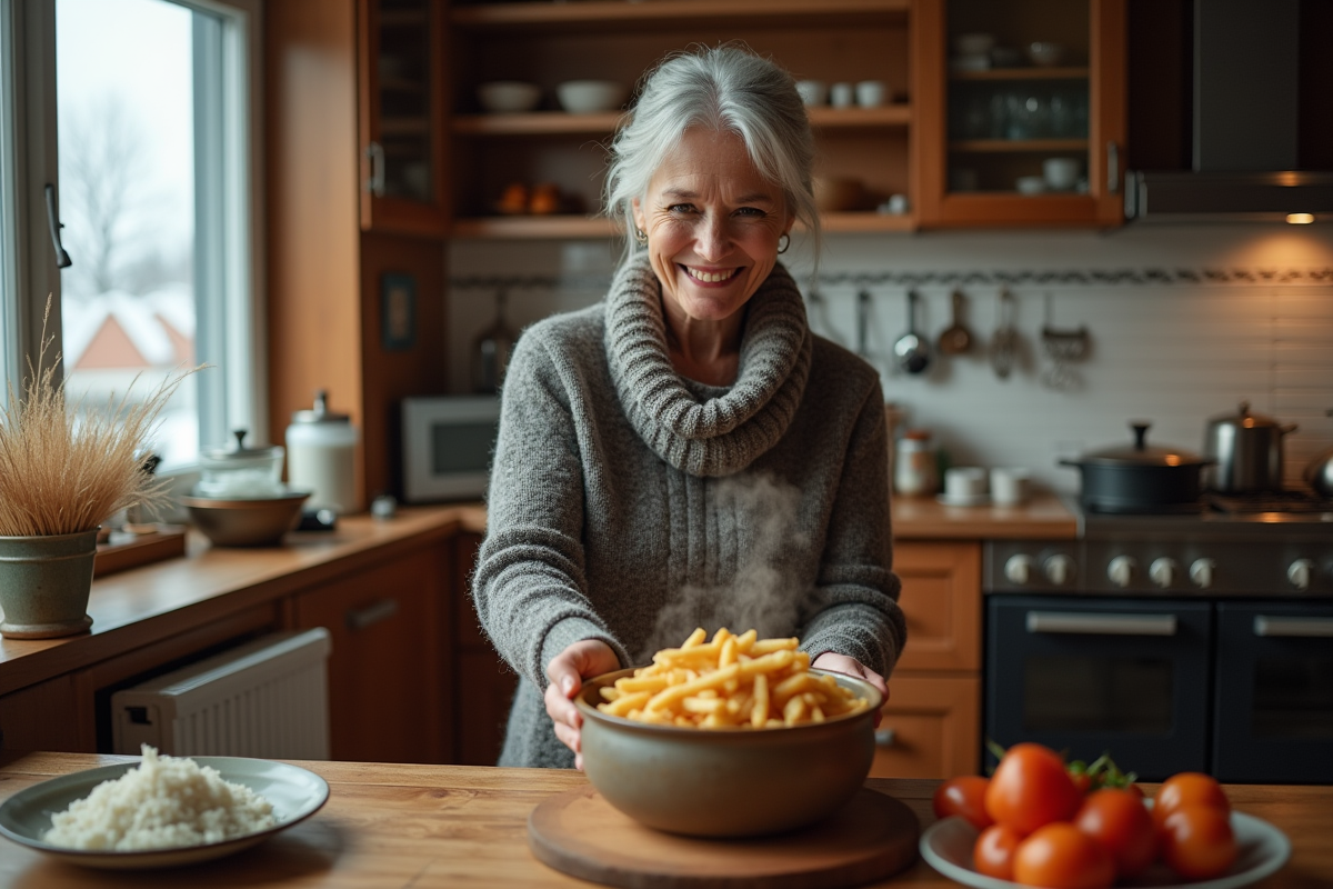 Femme québécoise souriante servant une poutine maison chaleureuse