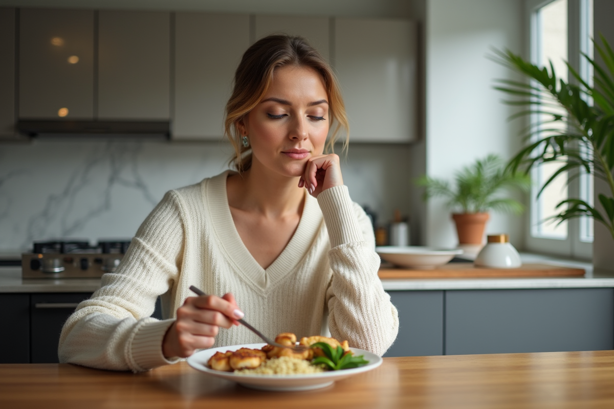 Femme mangeant un repas équilibré dans une cuisine moderne