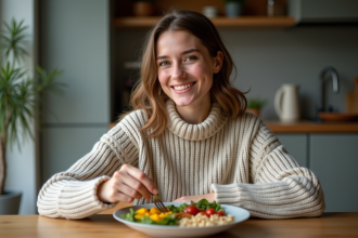 Jeune femme mangeant un repas équilibré à la maison