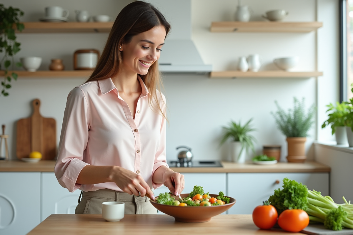 Jeune femme préparant une salade dans une cuisine lumineuse