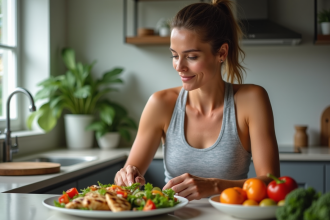 Femme en sport préparant une salade colorée à la maison