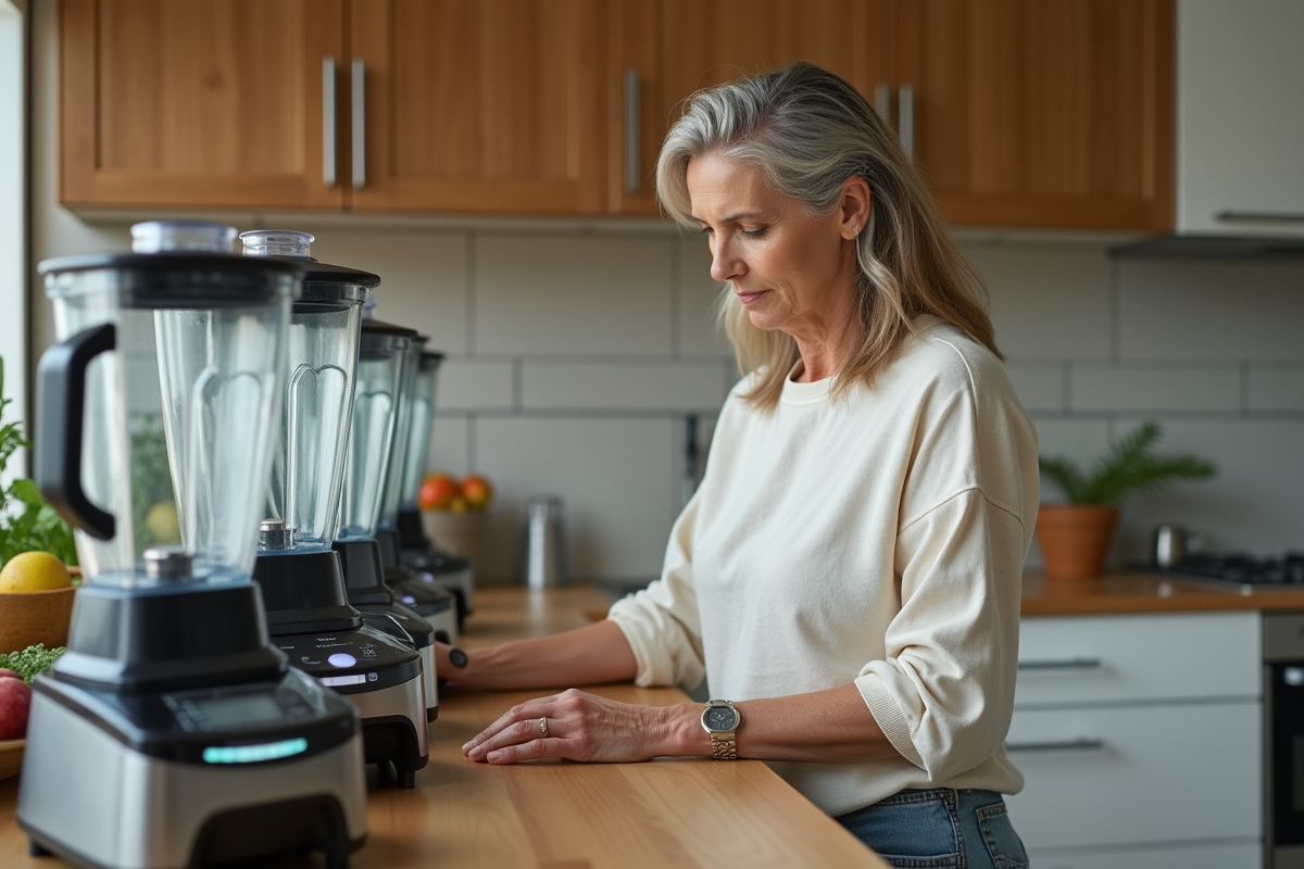 Femme choisissant un blender puissant dans une cuisine moderne