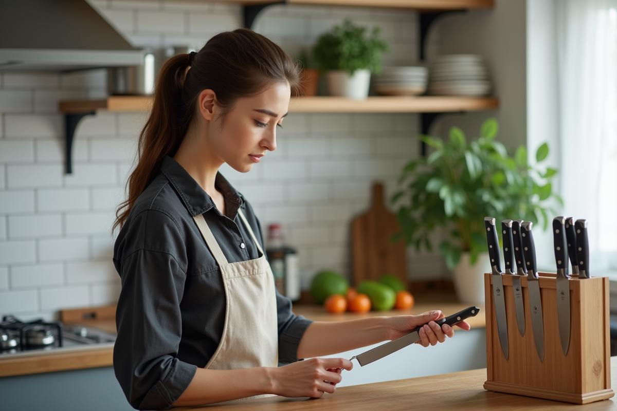 Jeune femme choisissant un couteau Santoku dans une cuisine lumineuse