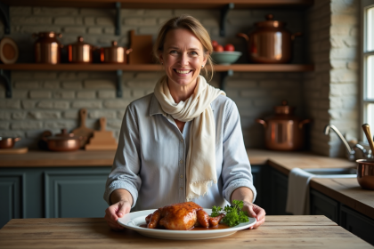 Femme française souriante servant un coq au vin traditionnel