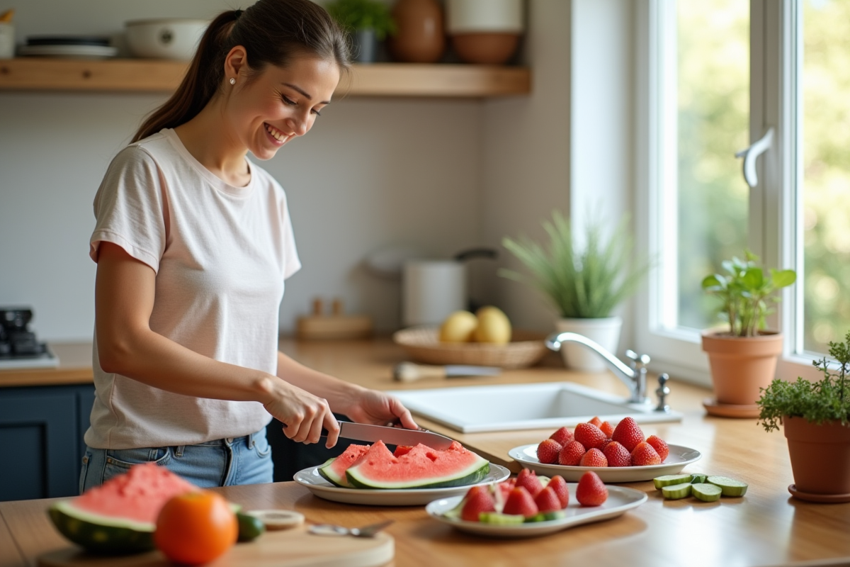 Femme souriante coupant un plateau de fruits frais en cuisine