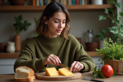 Femme en sweater vert coupe un fromage végétarien à la maison