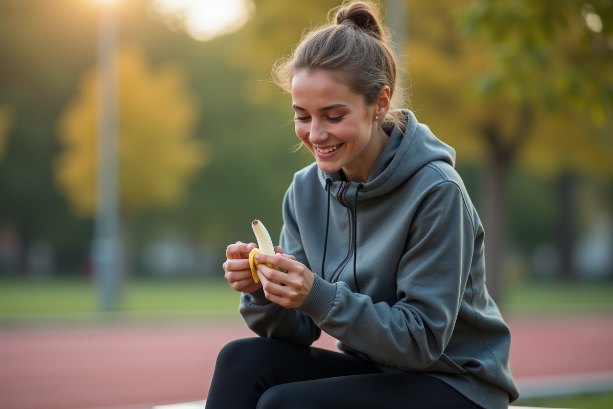 Jeune femme en plein air peignant une banane