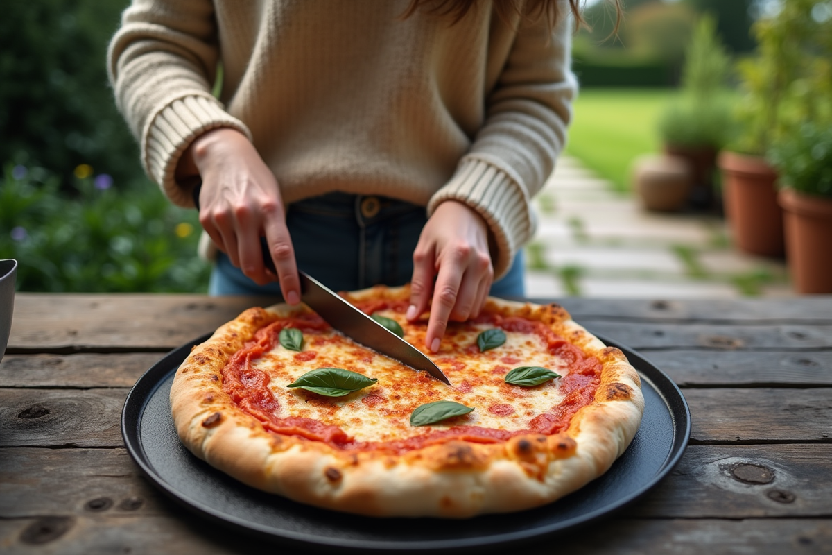 Jeune femme coupant une pizza sur une table extérieure