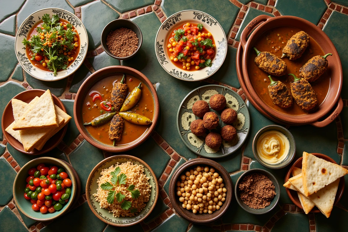 Festin végétarien égyptien avec molokhia, falafels et salades sur une table en mosaïque