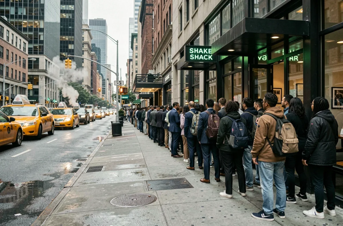 File d'attente de New-Yorkais devant un restaurant Shake Shack à Manhattan, avec taxis jaunes et gratte-ciels en arrière-plan