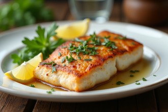 Filet de cabillaud doré sur une assiette avec herbes et citron