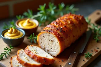 Filet mignon tranché avec sauce moutarde à l'ancienne et trois variétés de moutarde en ramequins sur une planche en chêne rustique