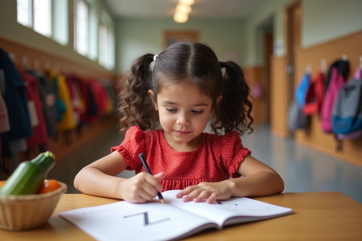 Petite fille trace la lettre Z dans un cahier à l